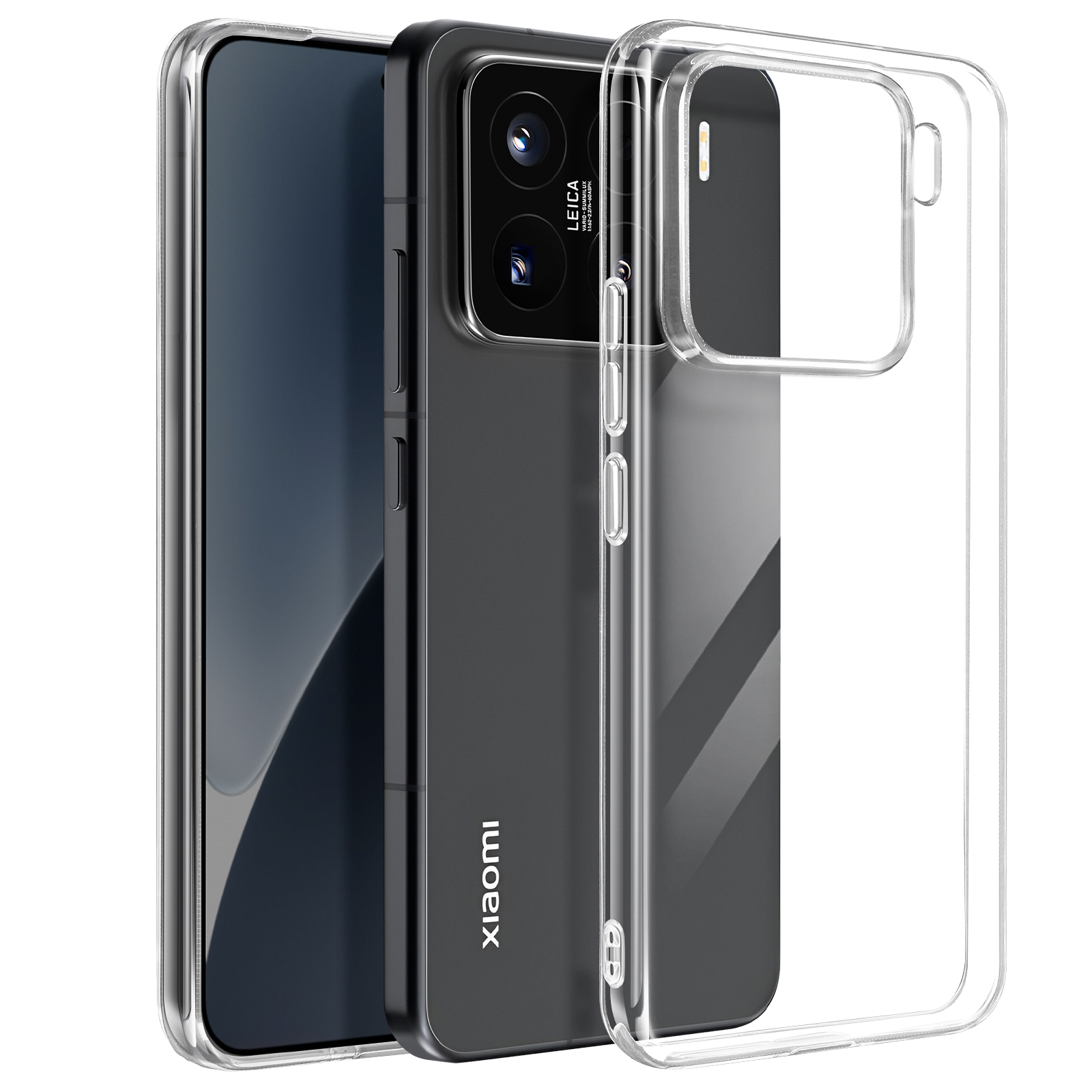 Custodia trasparente sul telefono, e il telefono viene mostrato. La custodia è trasparente, con un retro nero. Sfondo bianco.