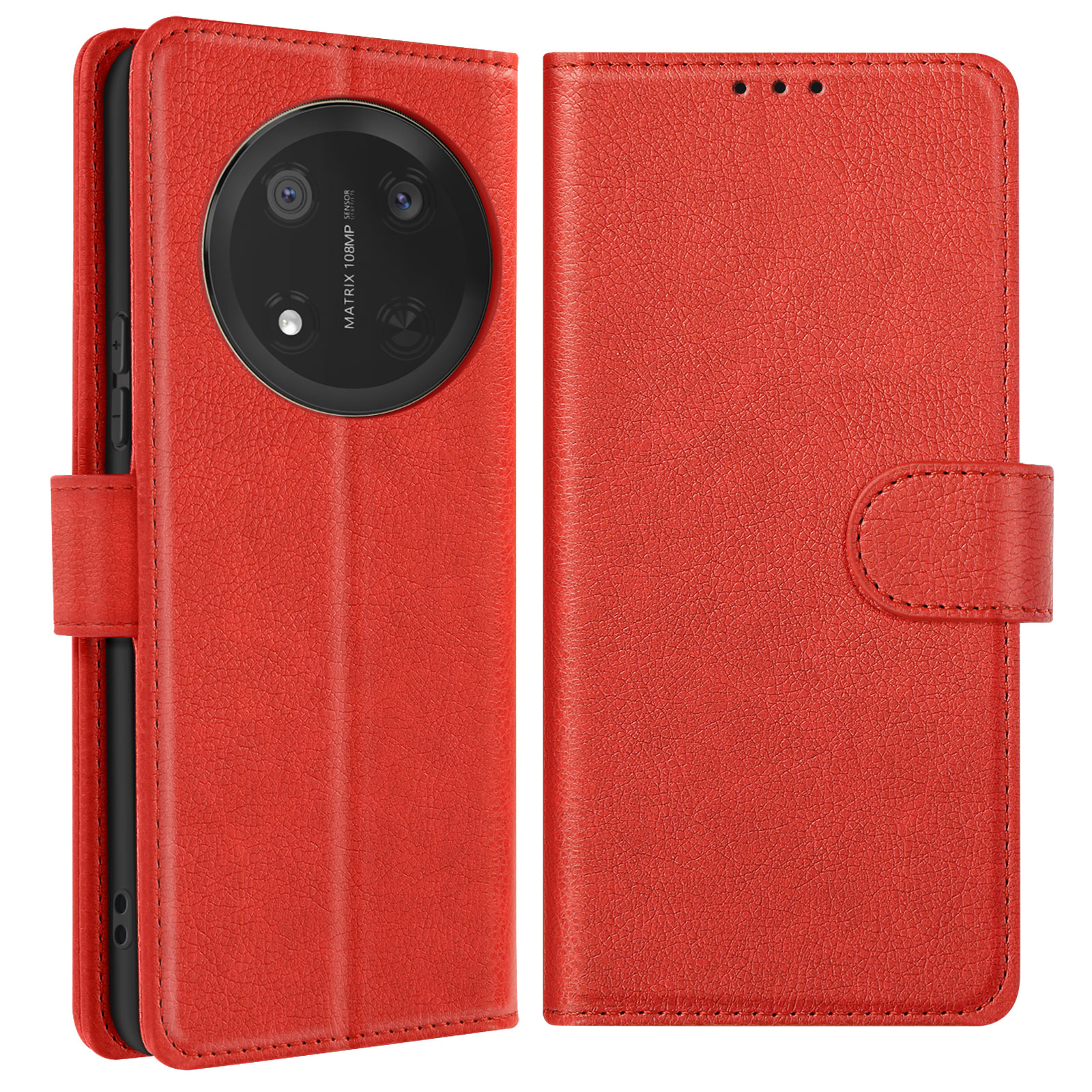 Custodia rossa, aperta. L'interno è rosso. Il telefono ha un grande obiettivo.