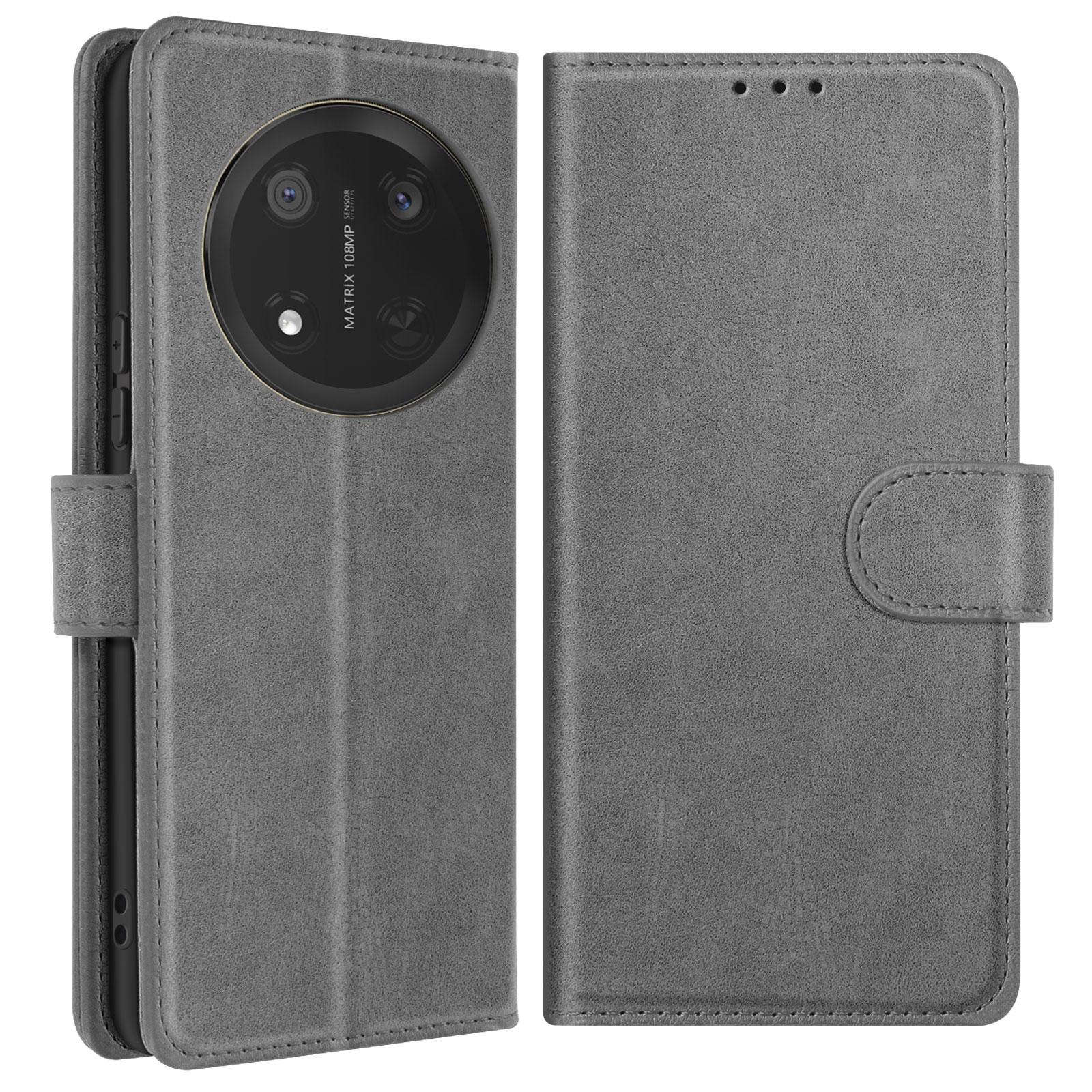 Graue Handy-Brieftaschenhülle, geöffnet. Das Telefon ist nicht sichtbar.