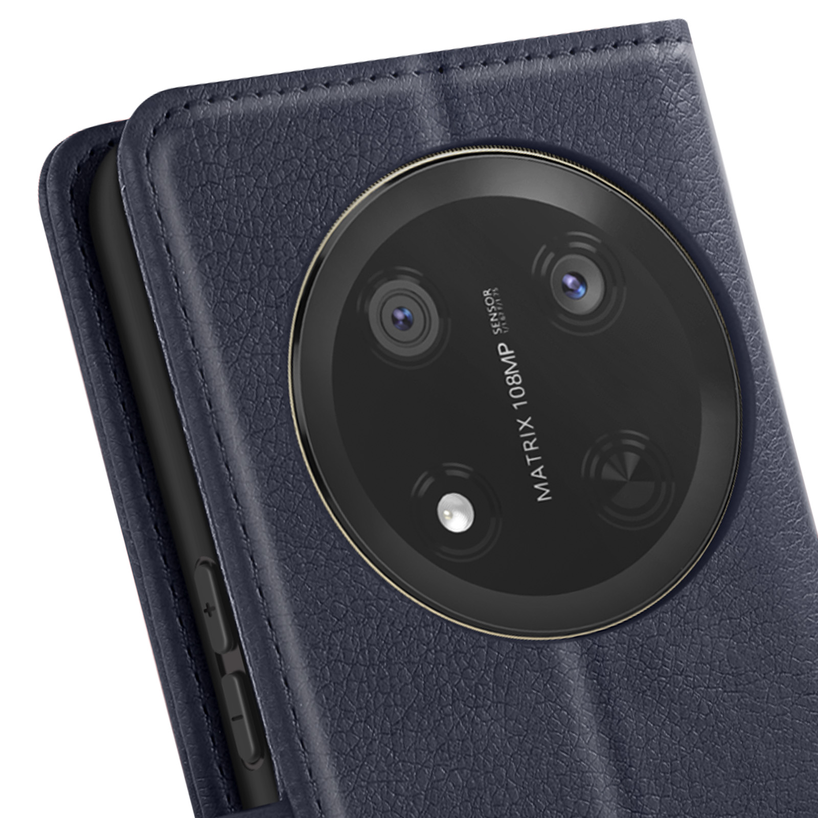 Nahaufnahme eines Telefons mit blauem Lederetui. Das Telefon hat eine große Kameralinse.