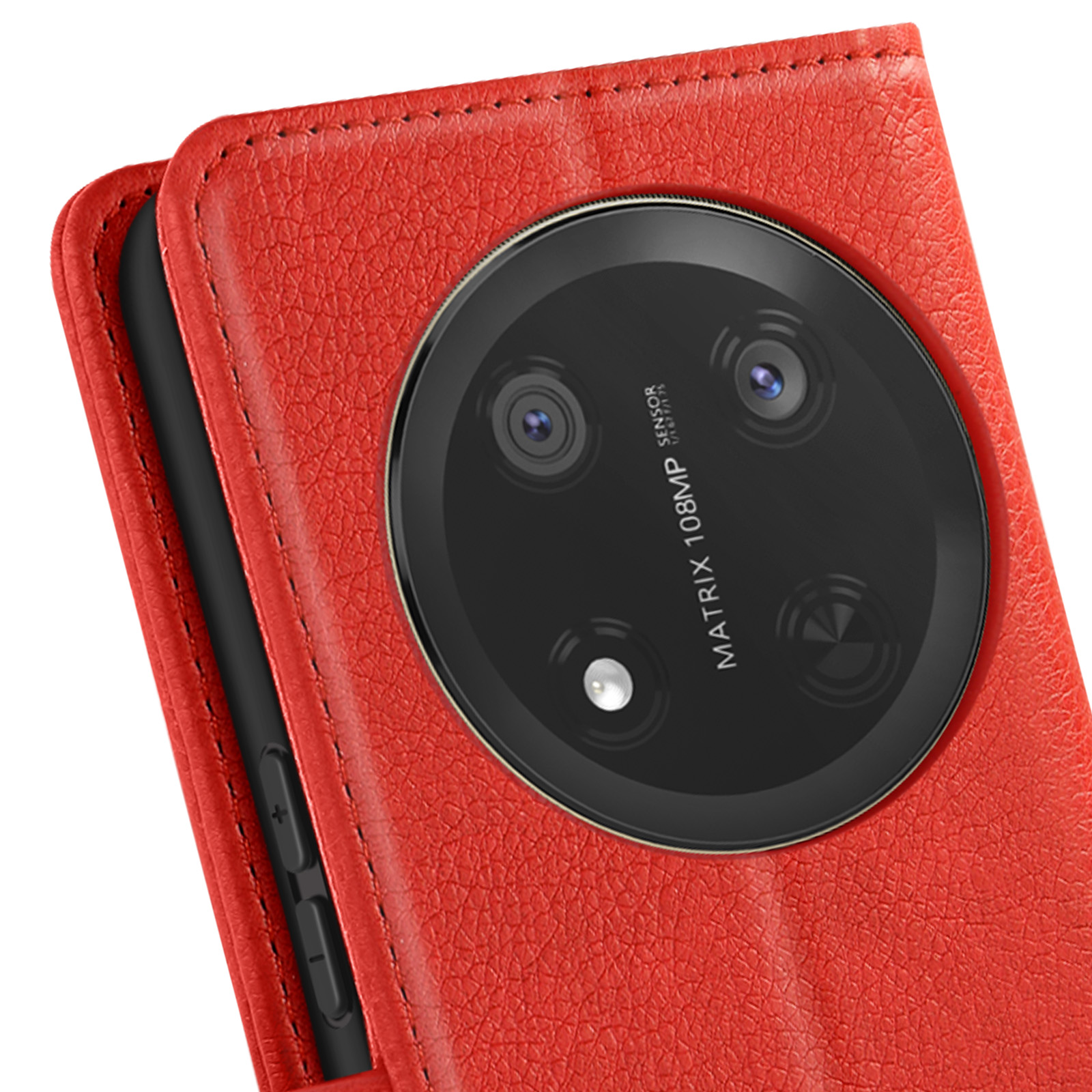 Una custodia rossa con un grande obiettivo fotografico, con un telefono nero all'interno.