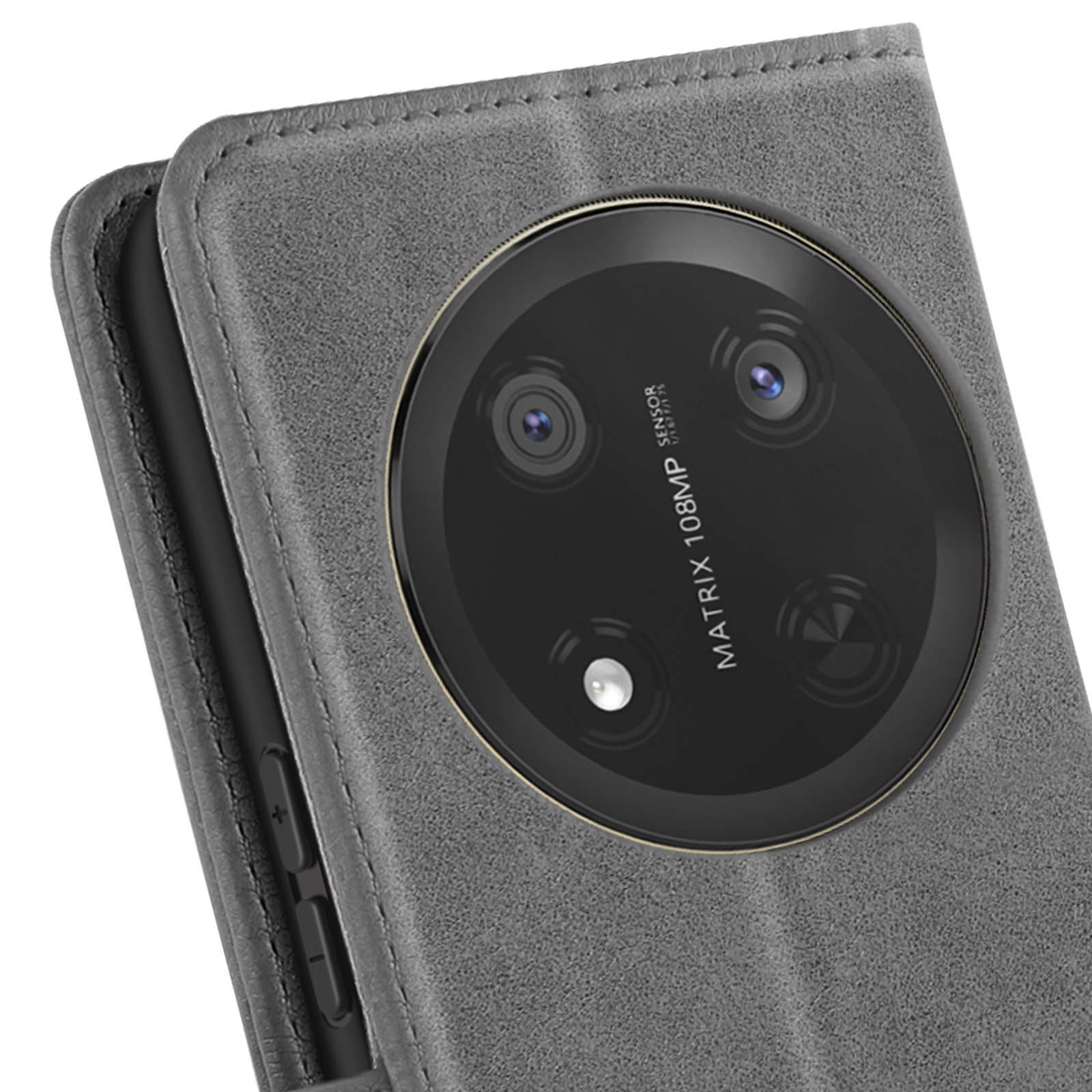 Nahaufnahme eines Telefons in einer grauen Hülle mit großem Kameramodul 'MATRIX 108MP SENSOR'.