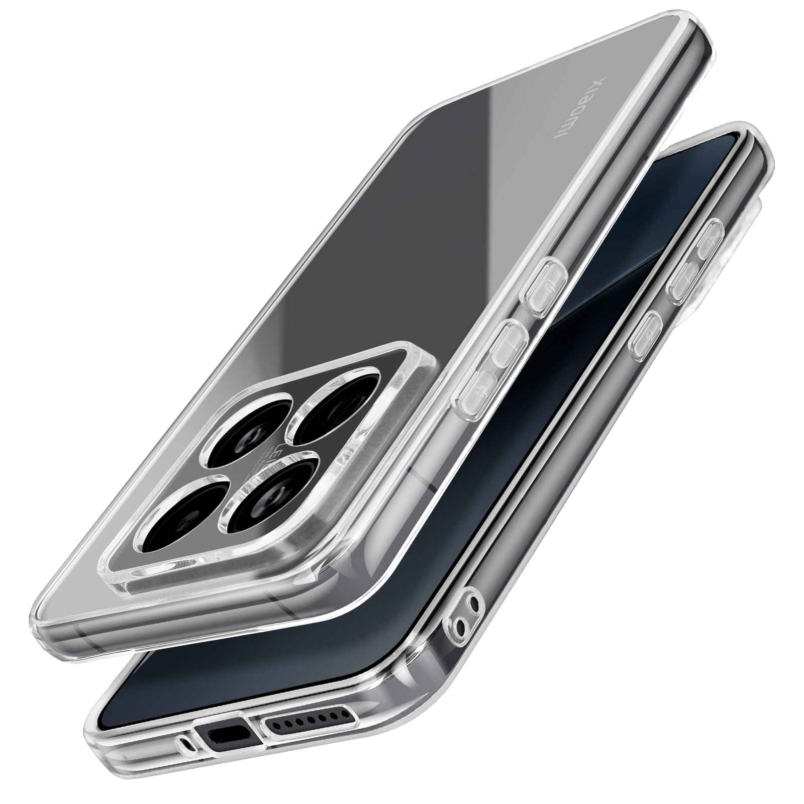 Una custodia trasparente per telefono con un telefono all'interno. La custodia ha un design trasparente e il telefono è nero.