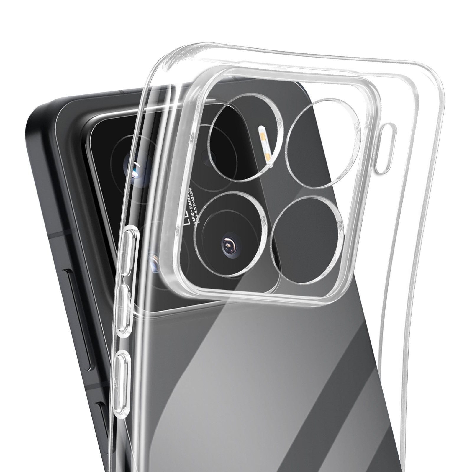 Custodia trasparente sopra telefono nero con fotocamera visibile.