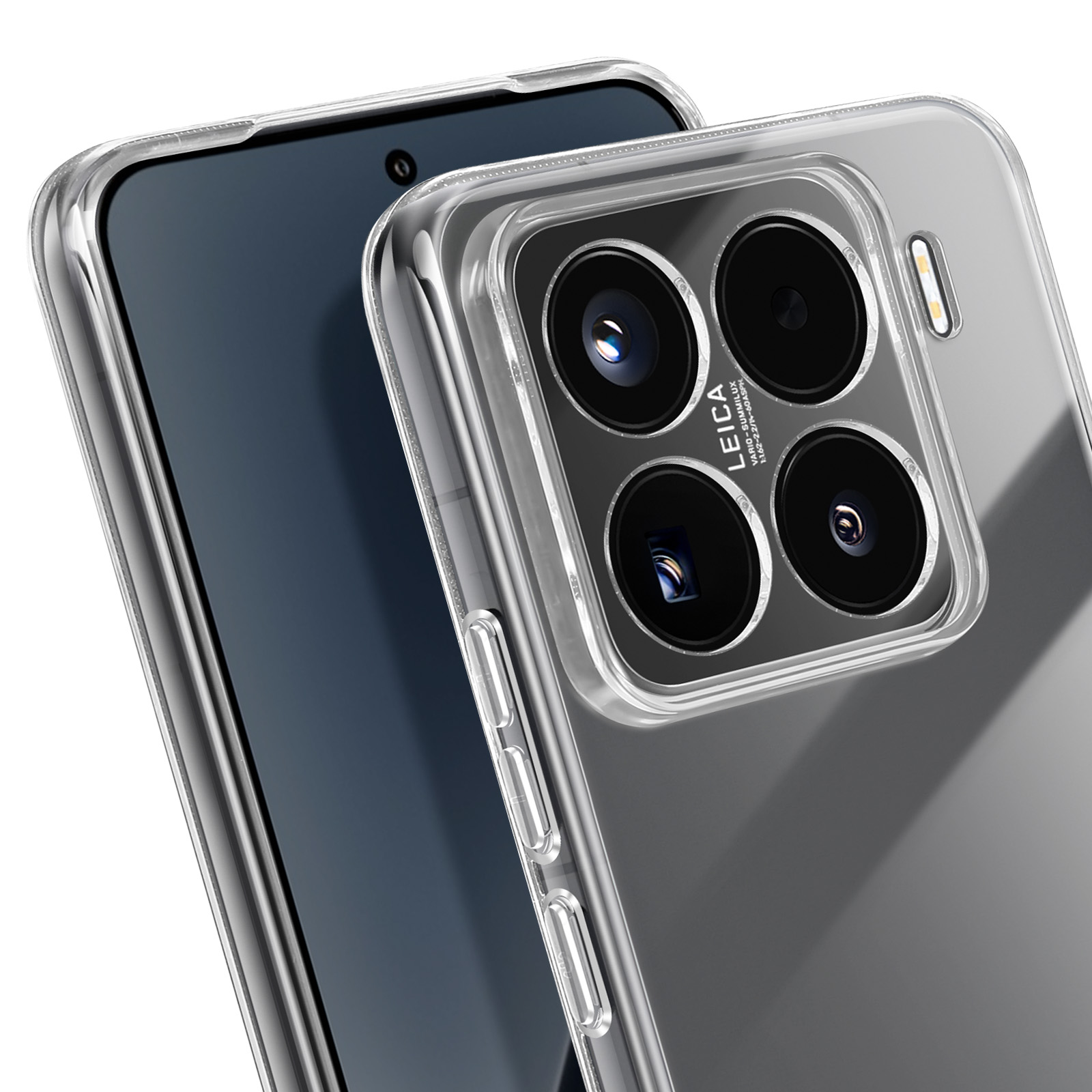 Telefono con custodia trasparente. Il telefono ha un modulo fotocamera con 4 obiettivi. Lo sfondo è sfocato.