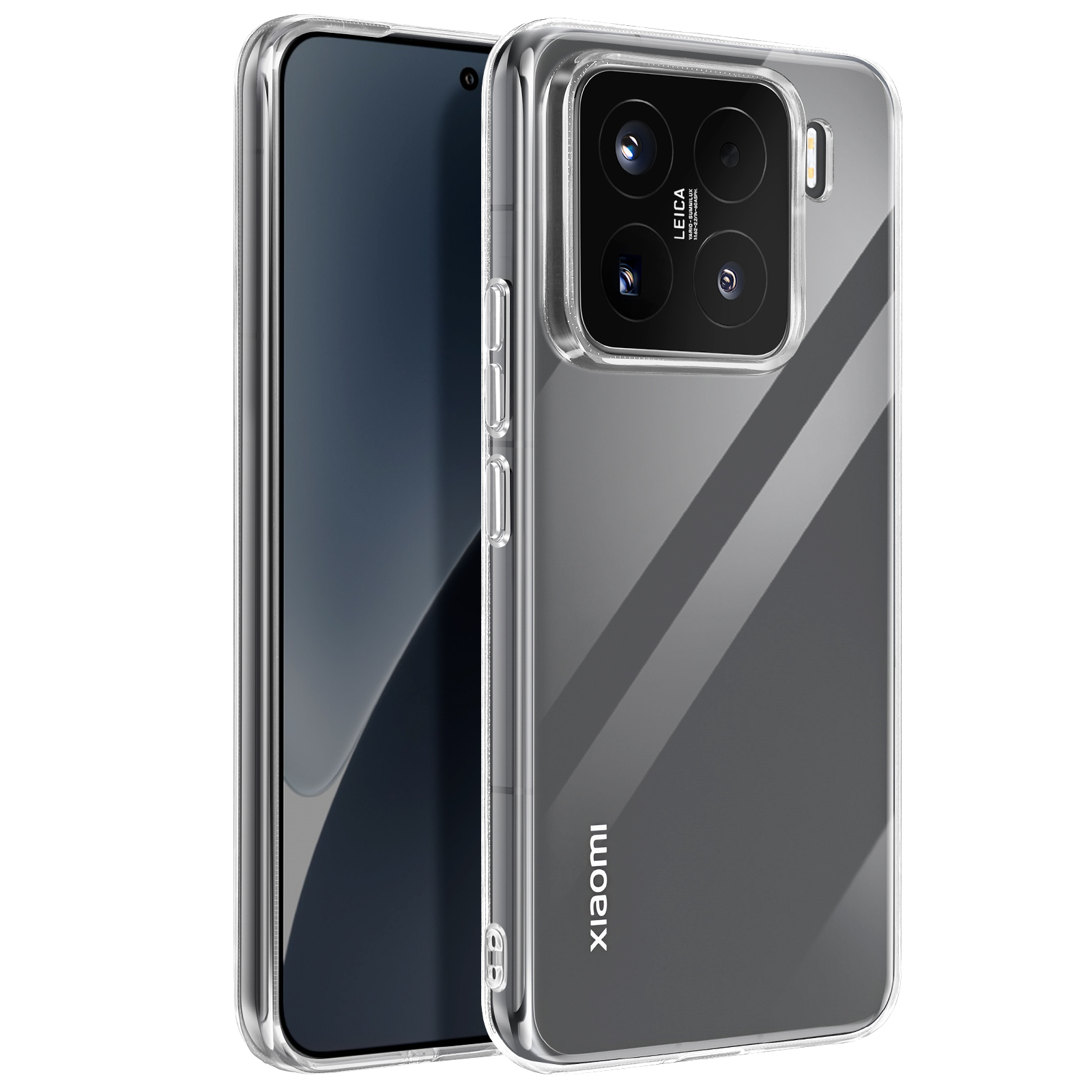 Custodia trasparente con un telefono all'interno. Obiettivi della fotocamera Leica visibili. Marchio Xiaomi scritto sulla custodia.