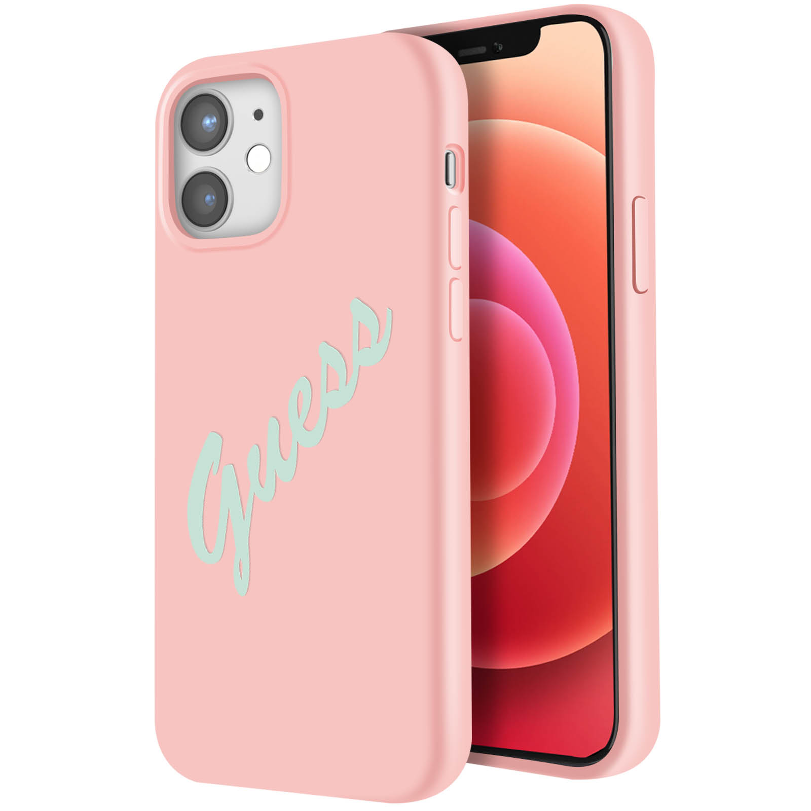 Rosa Handyhülle mit "Guess" in Mintgrün. Telefon ist sichtbar. Weißer Hintergrund.