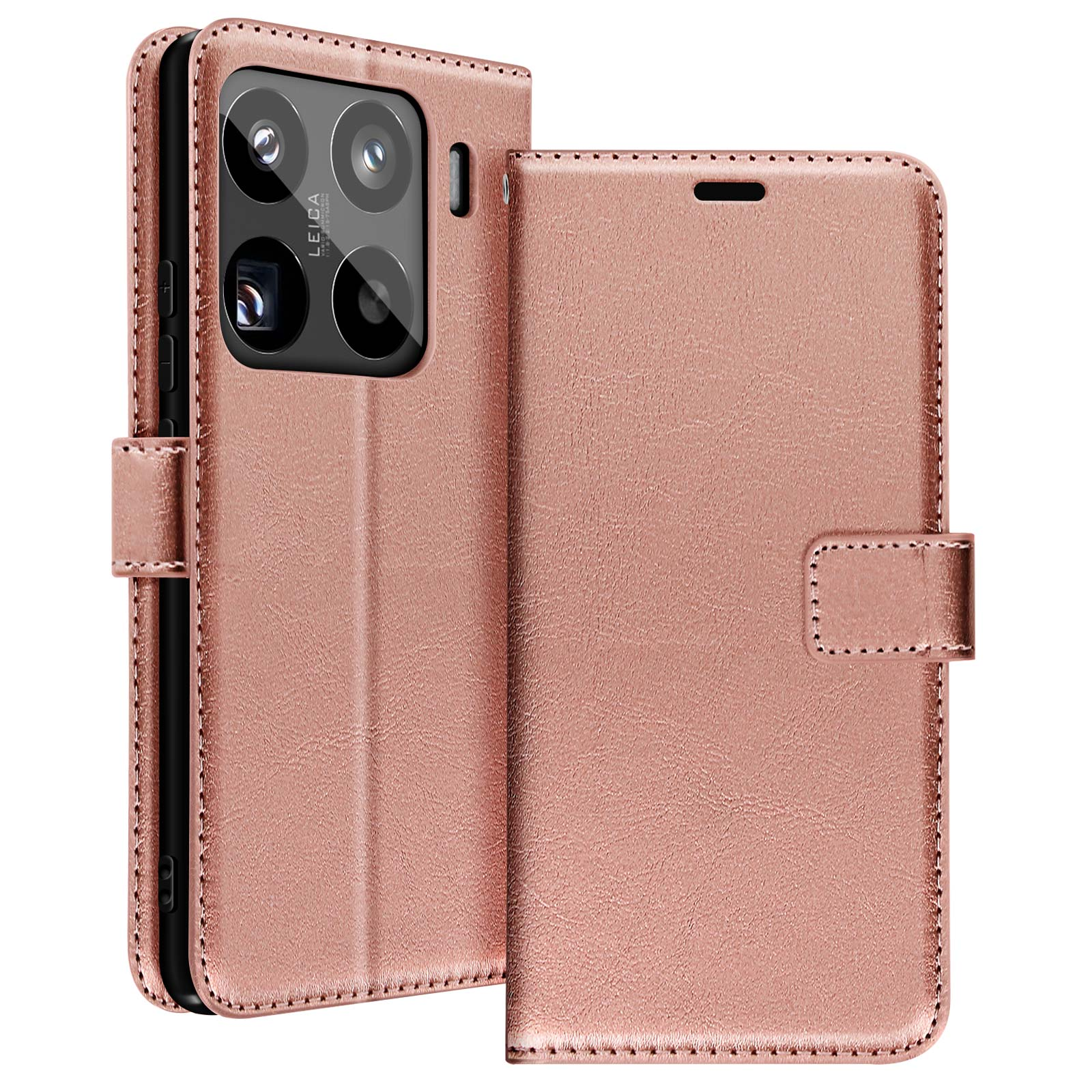 Custodia per telefono in pelle oro rosa, aperta per rivelare il telefono con fotocamera Leica.