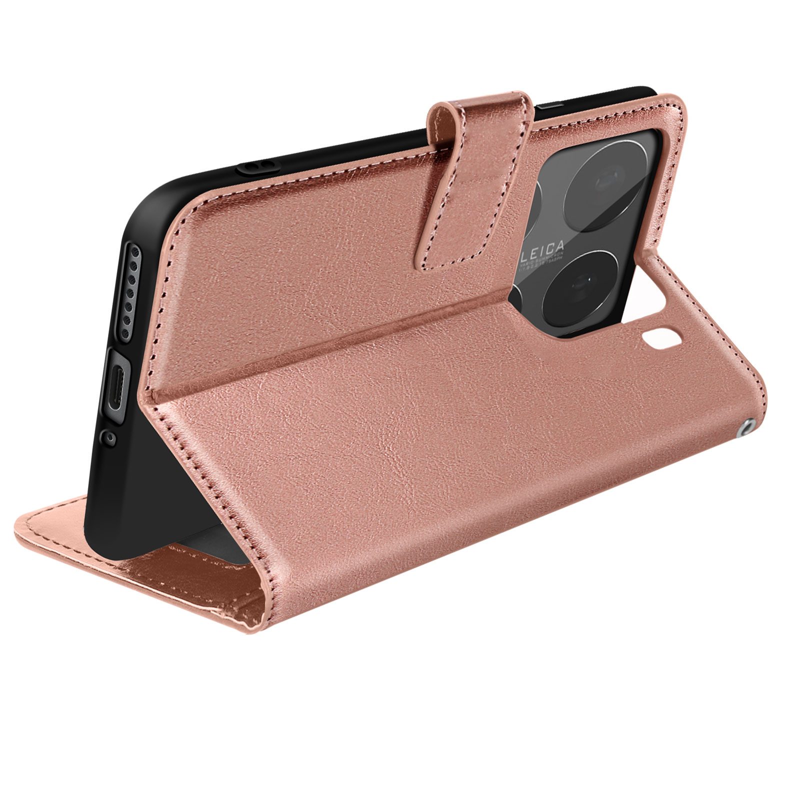 Custodia oro rosa con telefono dentro, aperta, sfondo bianco.