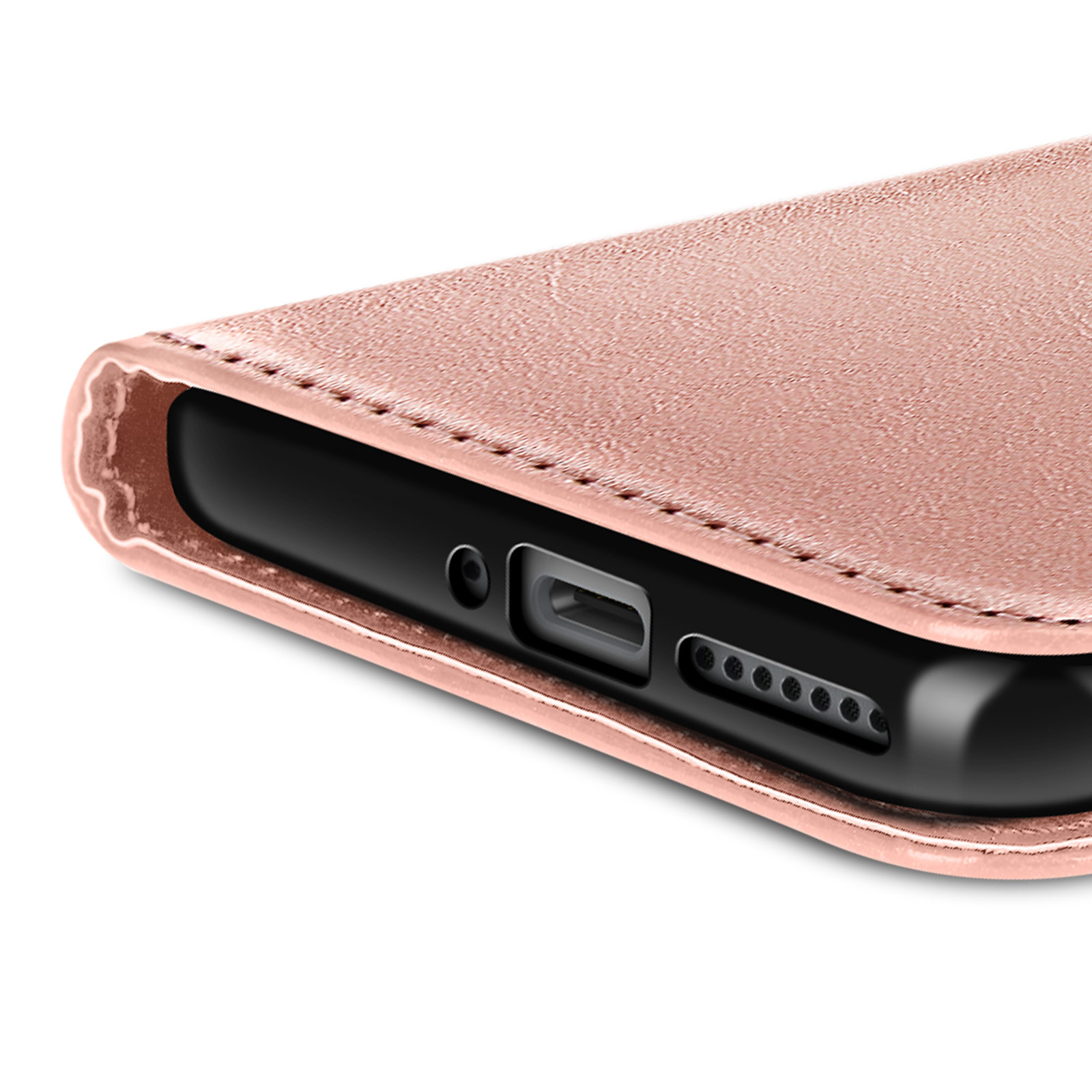 Una custodia per telefono color oro rosa con un telefono all'interno. La custodia ha una trama simile alla pelle.