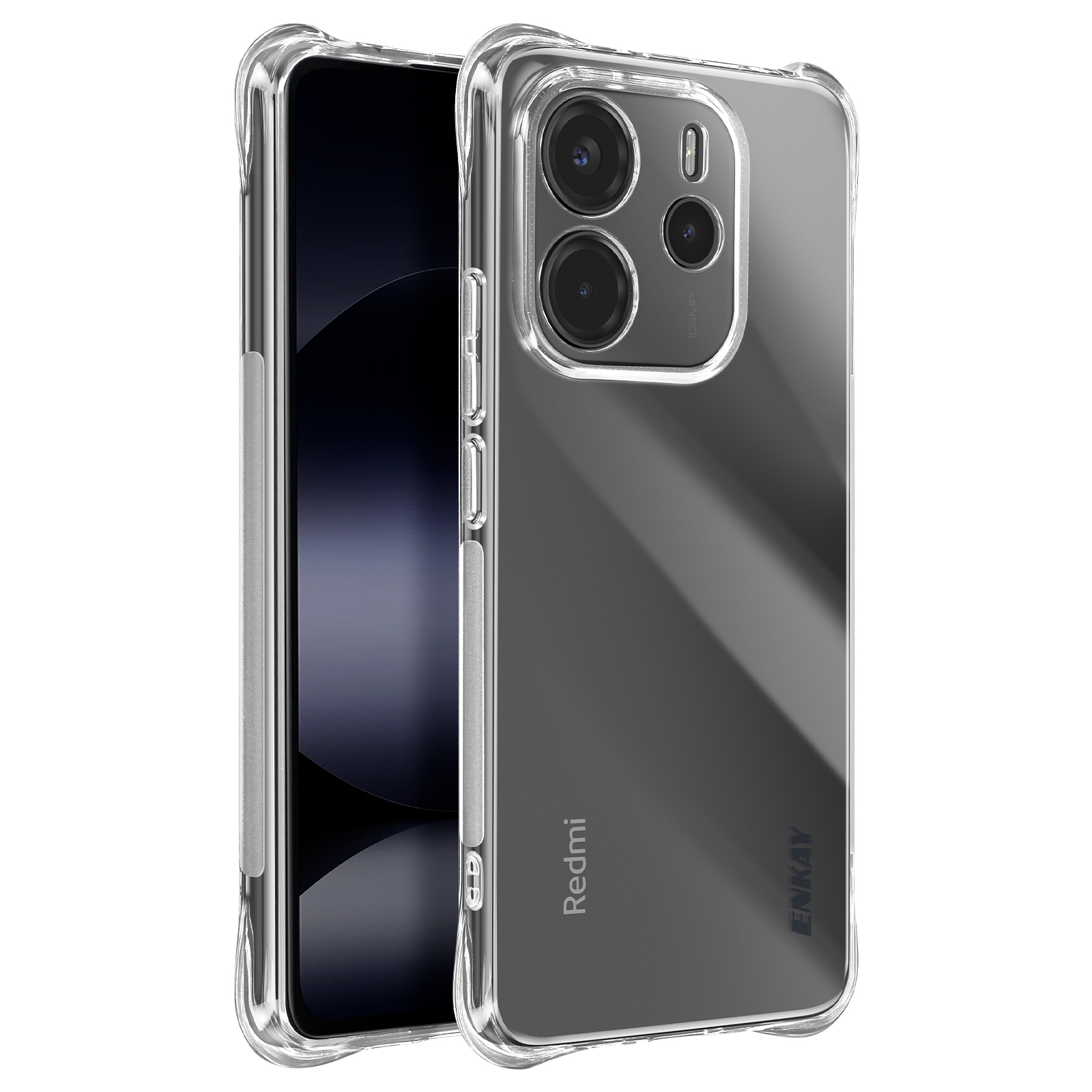 Een telefoon in een doorzichtige hoes. De hoes is transparant, de achterkant van de telefoon is zichtbaar. De telefoon is zwart.