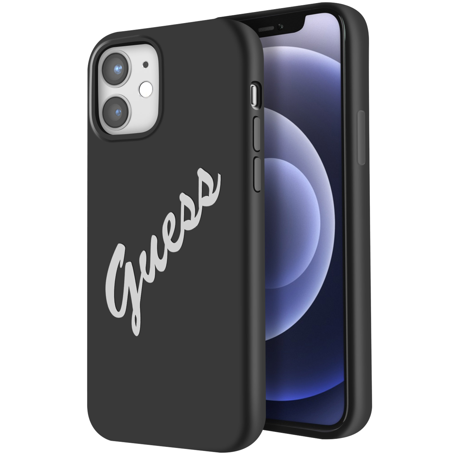 Schwarzes iPhone in einer schwarzen Hülle mit 'Guess' in weißer Schrift.