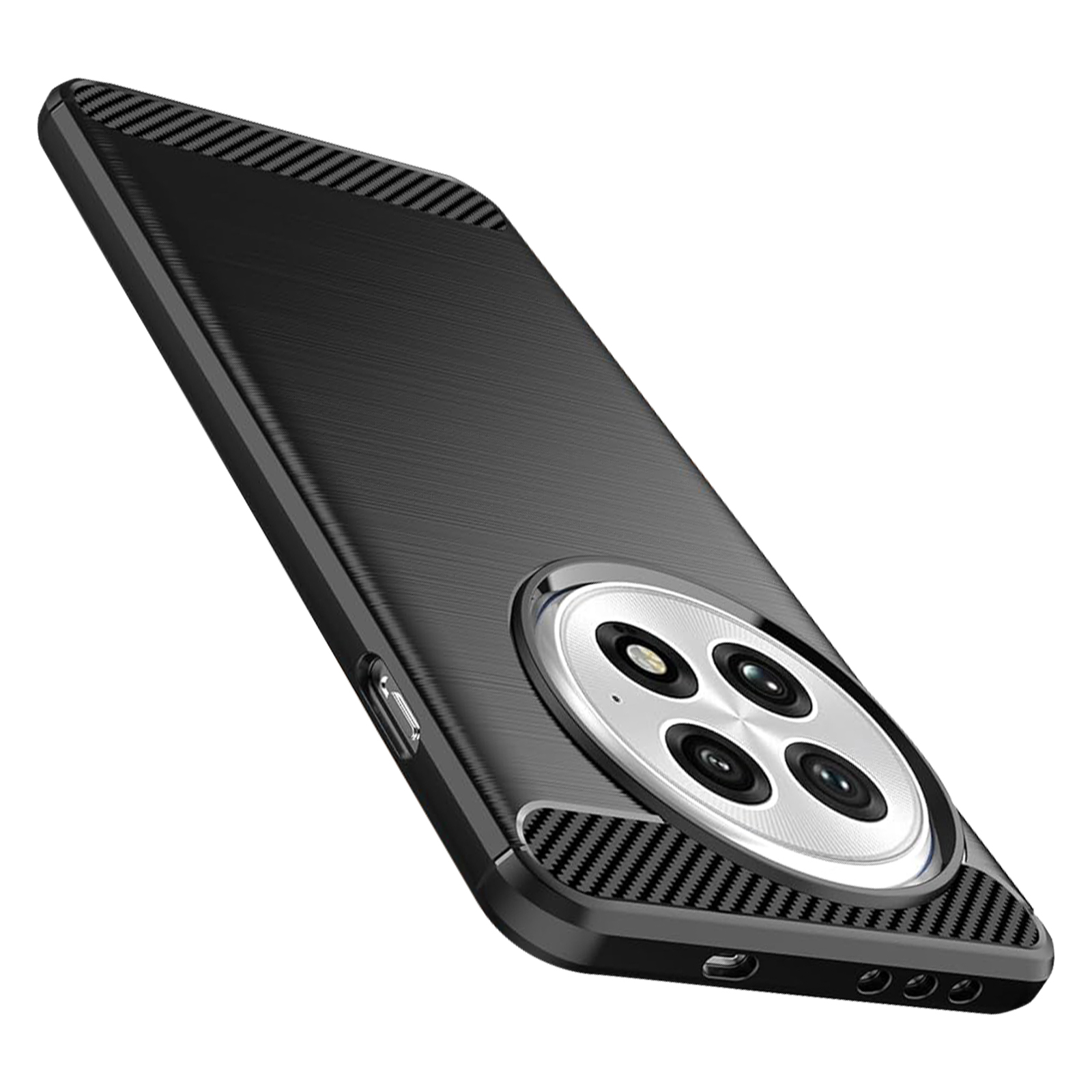 Custodia per telefono nera con trama in fibra di carbonio sui lati e ritaglio per la fotocamera.