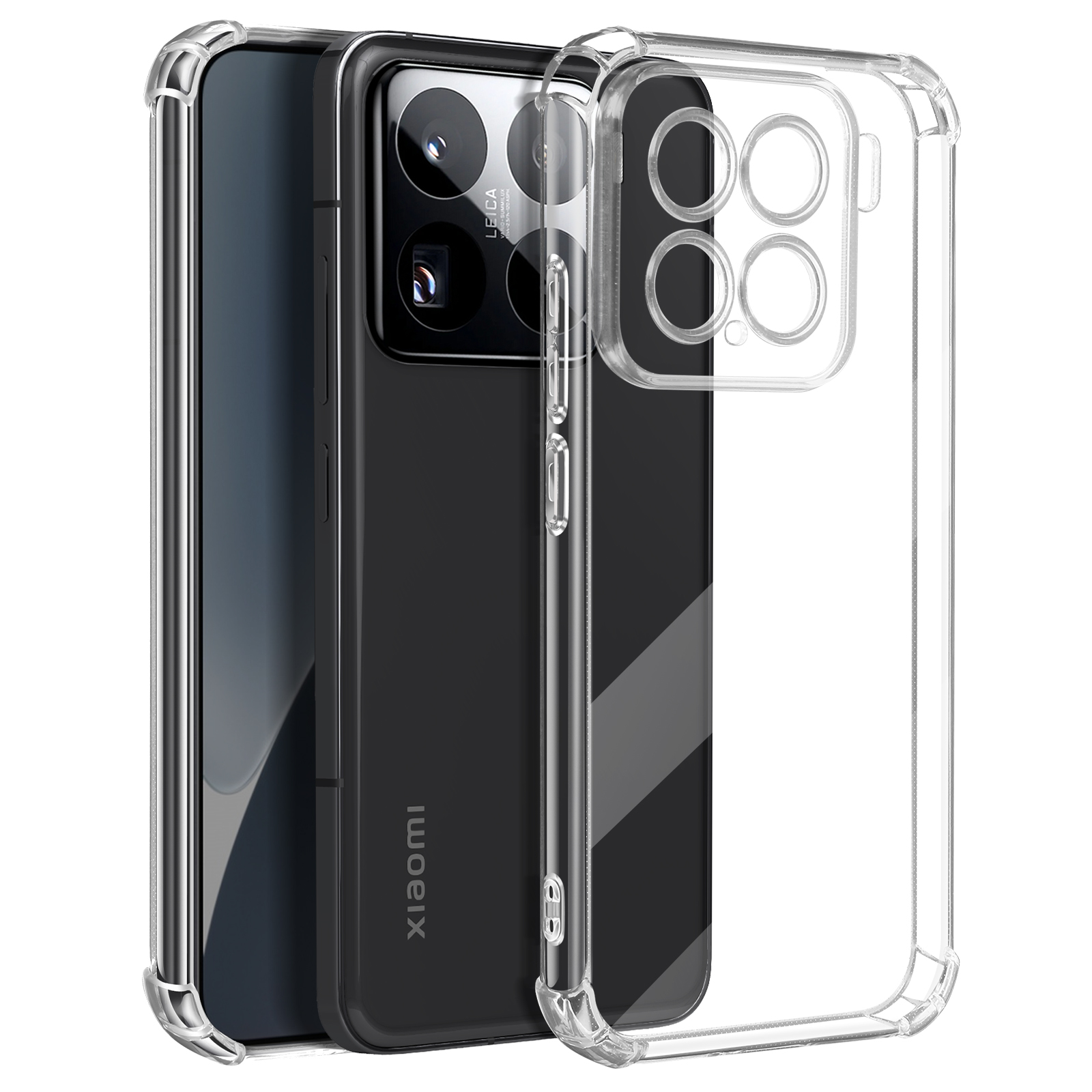 Custodia trasparente per telefono su un telefono con fotocamera Leica, di lato.
