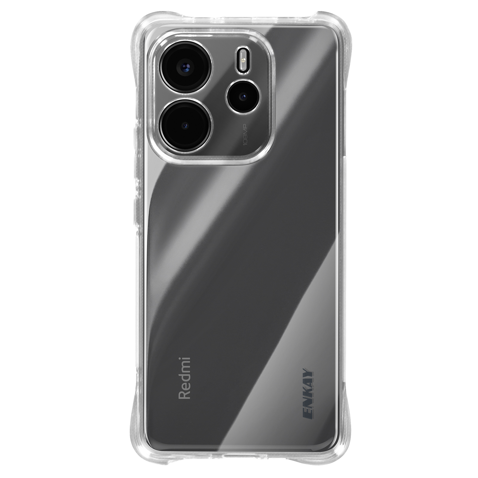 Een transparante telefoonhoes met een telefoon erin. De telefoon heeft meerdere camera's en het woord Redmi.