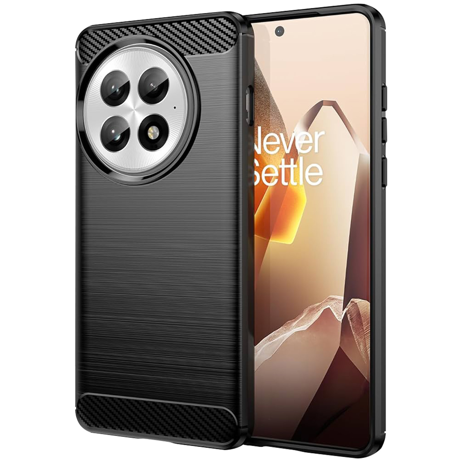 Custodia nera per telefono con ritaglio per fotocamera e design in fibra di carbonio. Telefono con display moderno.