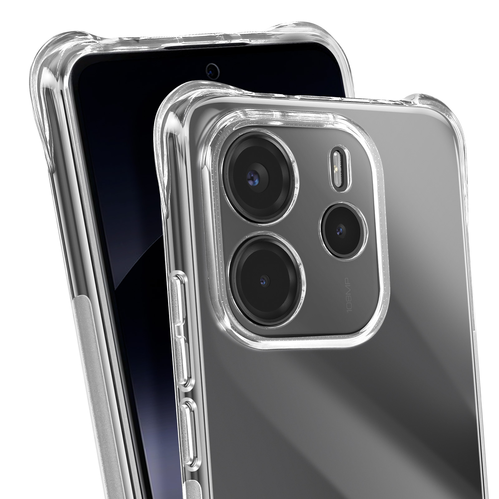Telefoon in een transparante hoes. Toont camera en de achterkant van de telefoon.