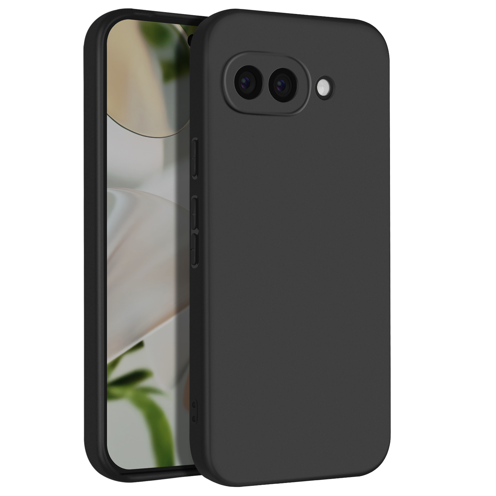 Telefono nero in custodia nera. Lo schermo del telefono è visibile. Sono presenti due obiettivi della fotocamera.