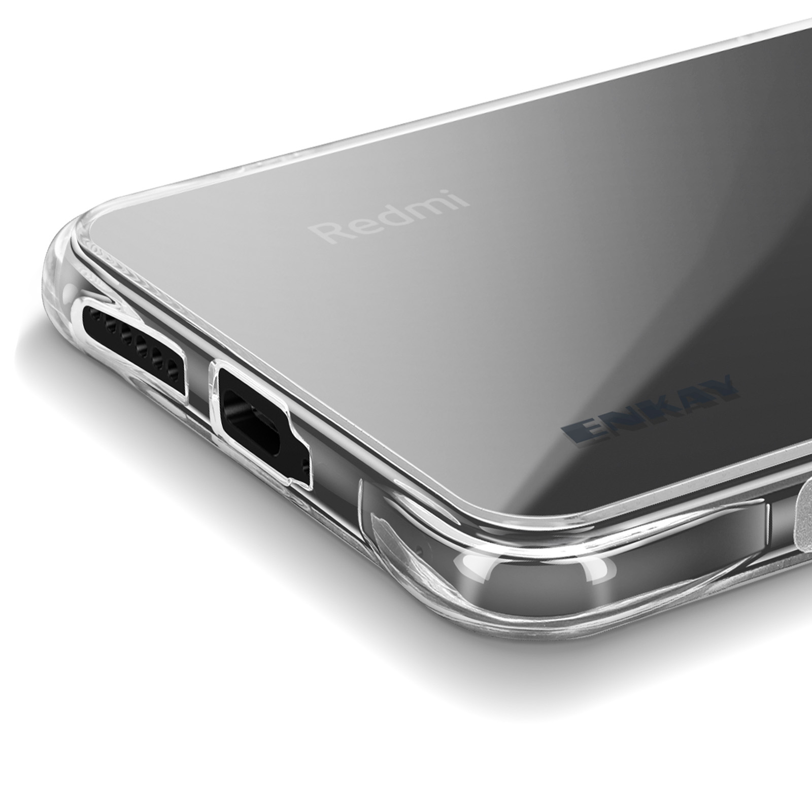 Close-up van een telefoon met een transparante hoes, zichtbare Redmi- en Enkay-logo's.