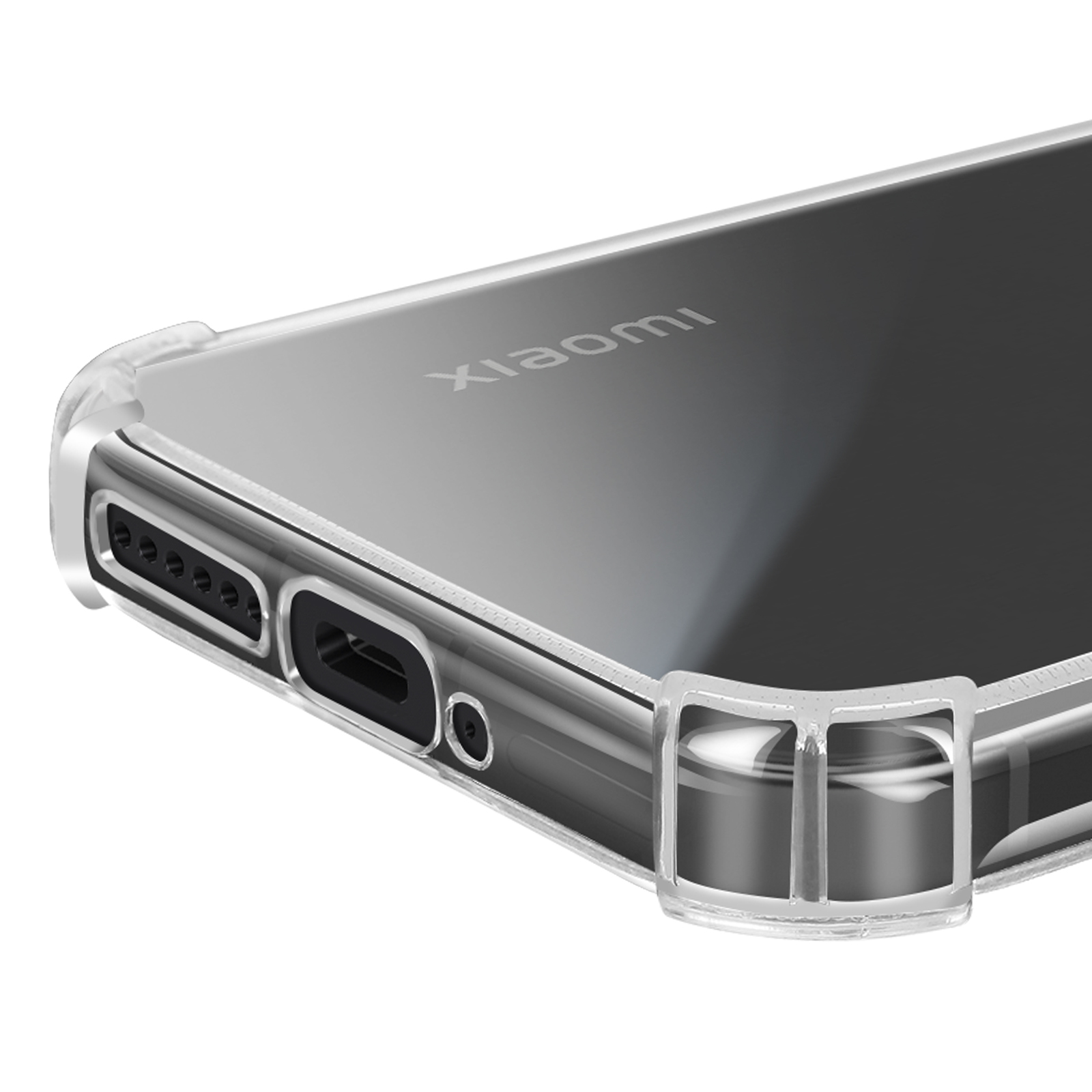 Custodia trasparente per telefono su un telefono nero. La custodia trasparente circonda i bordi. Testo Xiaomi sul retro.