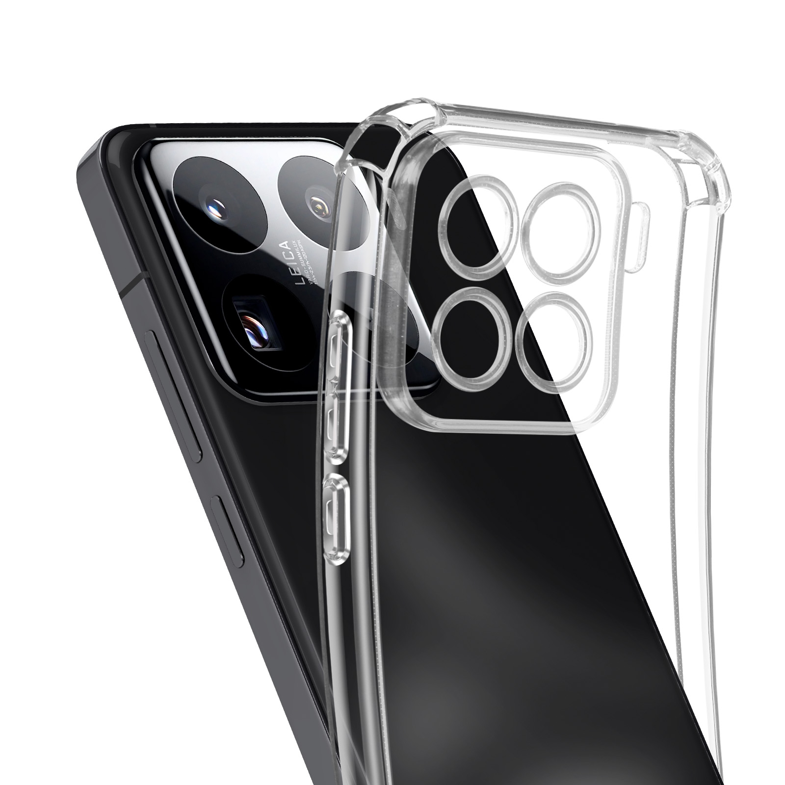 Custodia trasparente su un telefono nero con 3 fotocamere, mostrando la custodia e il telefono.