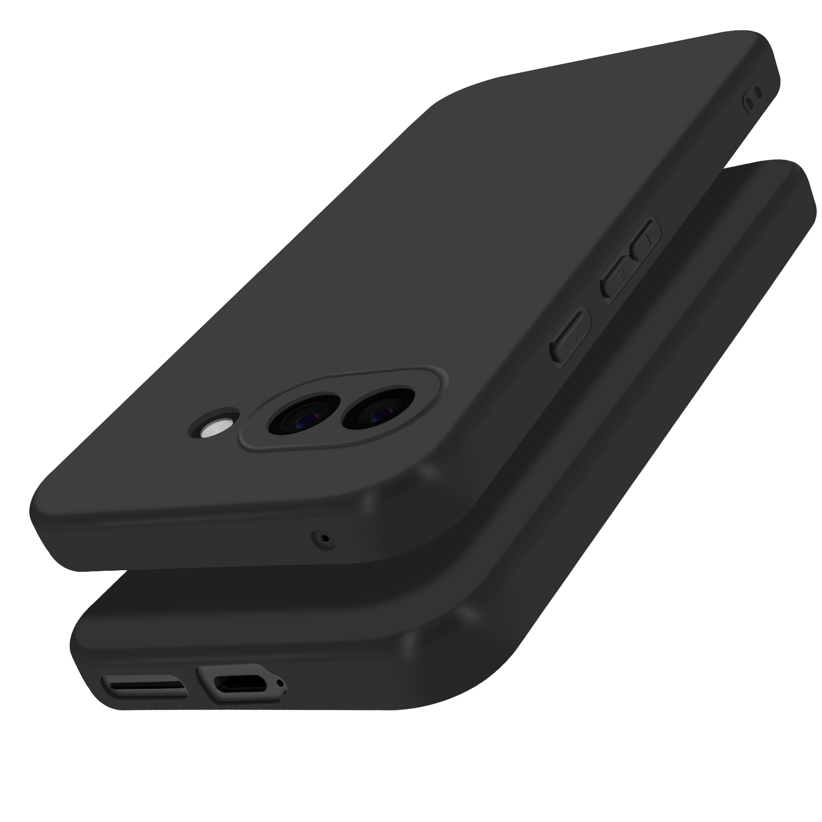 Custodia per telefono nera, due custodie impilate. Mostra la fotocamera e i pulsanti. Le custodie sono dello stesso modello.