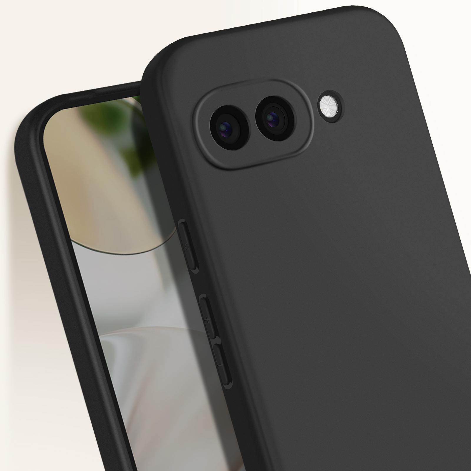 Primo piano di una custodia per telefono nera con configurazione a doppia fotocamera e sfondo bianco.