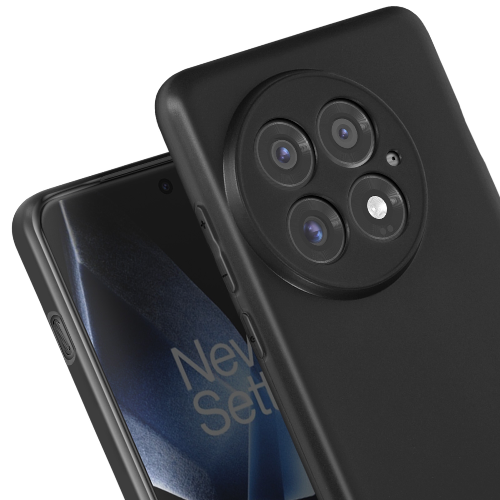 Schwarze Handyhülle mit Telefon auf weißem Hintergrund. Telefon hat mehrere Kameras. Text: Never Settle.