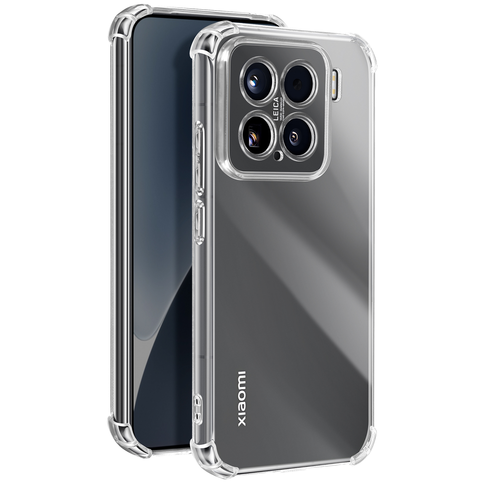 Un telefono in una custodia protettiva trasparente. Il telefono ha più obiettivi della fotocamera.