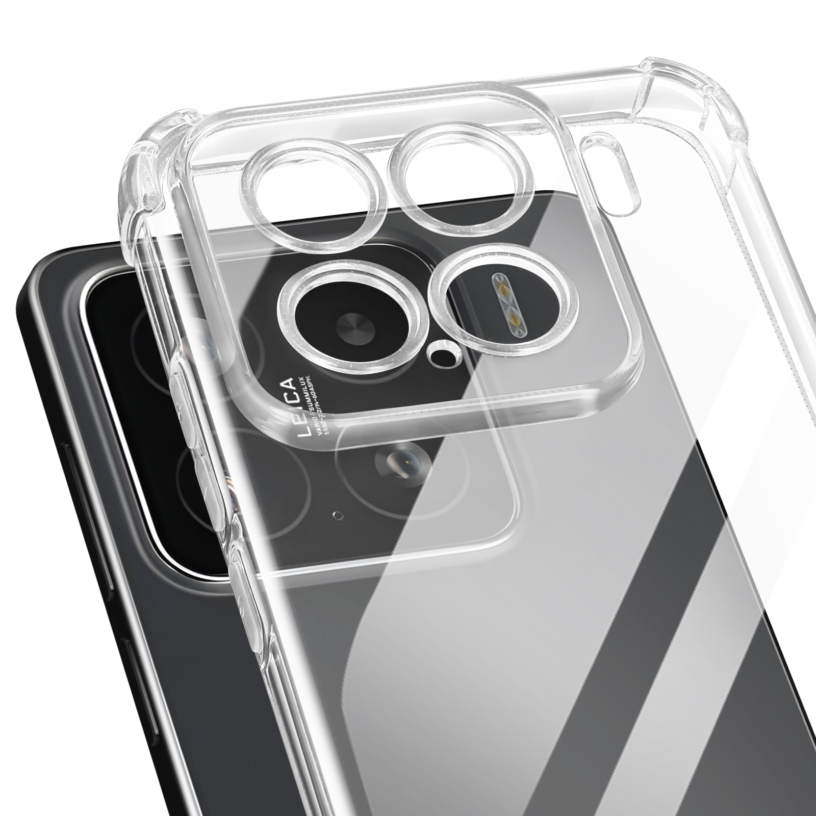 Custodia trasparente con protezione fotocamera sopra un telefono.