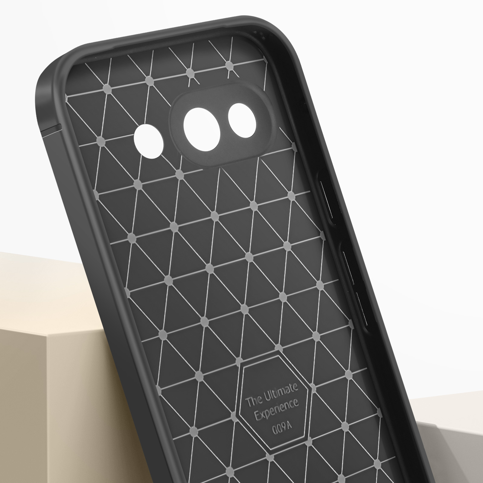 Interno della custodia del telefono nero con motivo geometrico e logo.