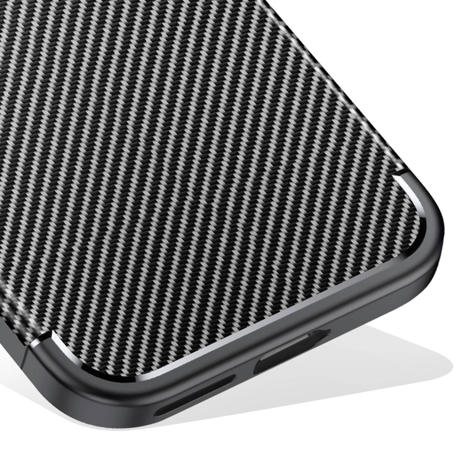 Custodia con texture in fibra di carbonio, cornice nera e ombra.
