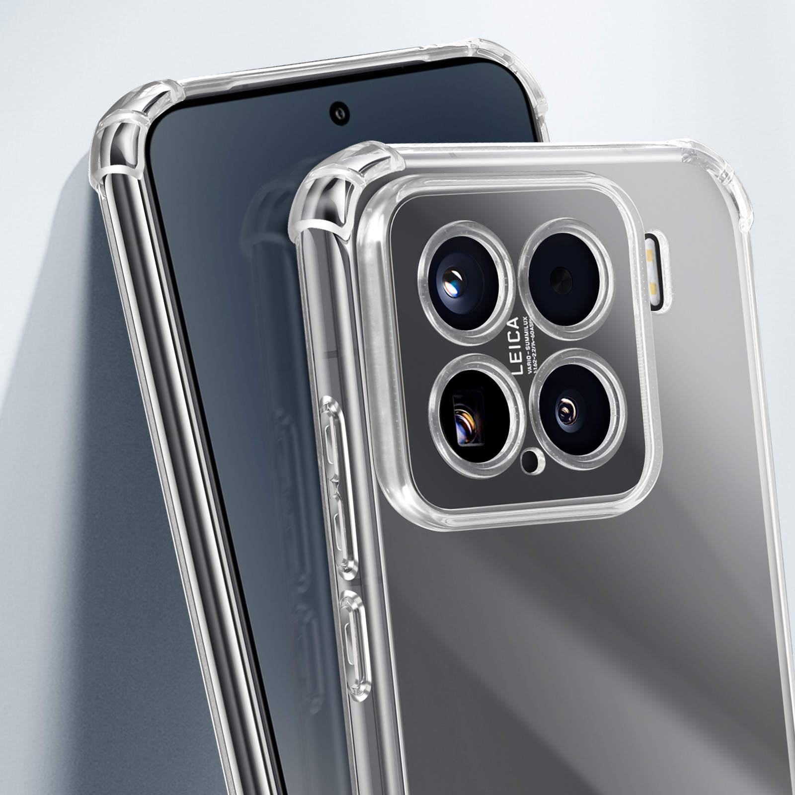 Un telefono in una custodia trasparente, che mostra le lenti della fotocamera del telefono.