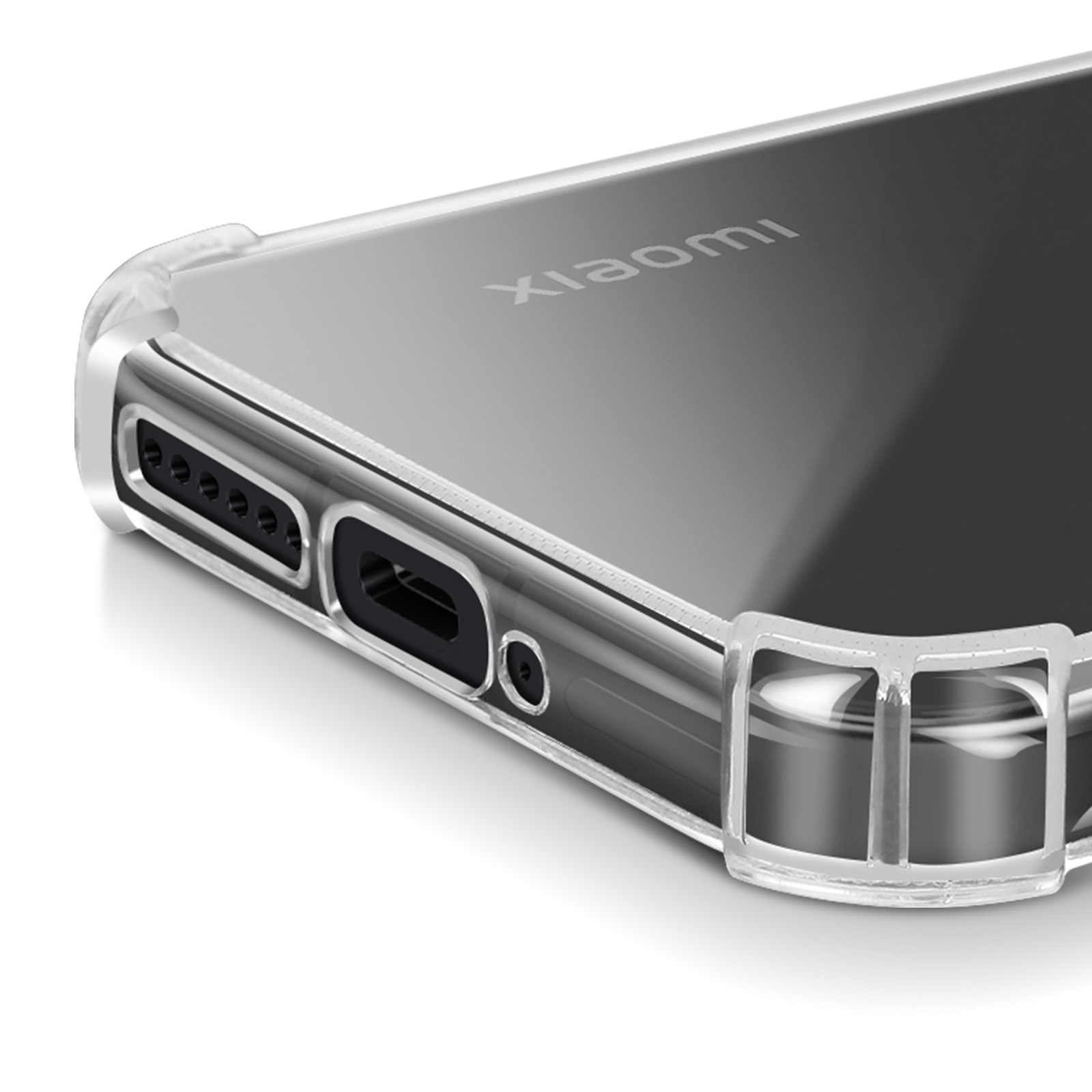 Custodia trasparente Xiaomi, mostra porte e fotocamera, vista ravvicinata.