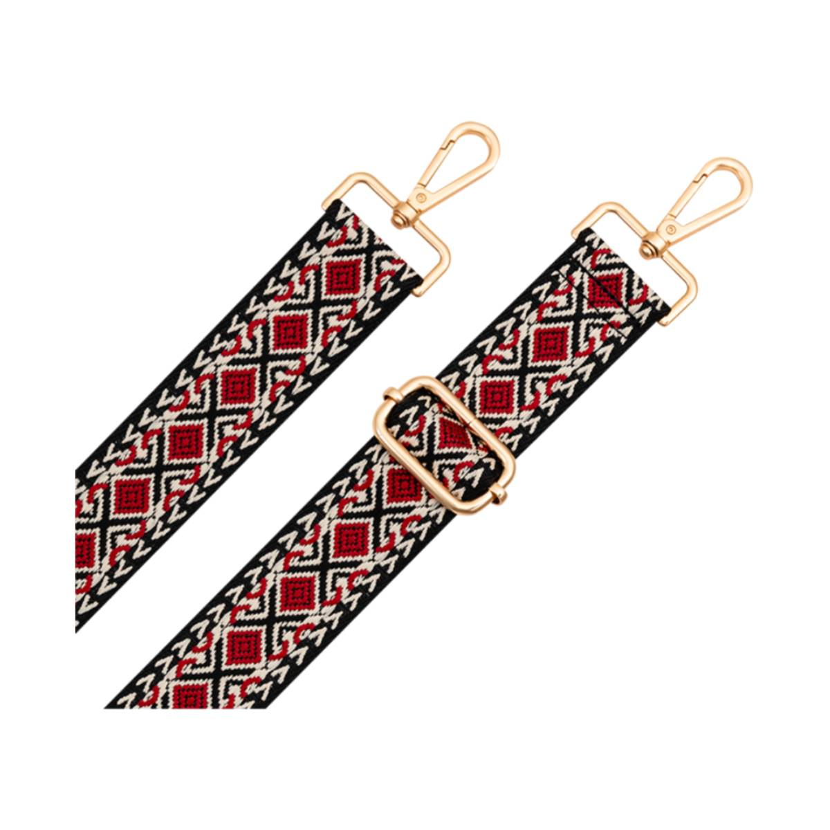 Zwei Taschenriemen mit rotem, schwarzem und weißem geometrischem Muster und goldenen Haken.