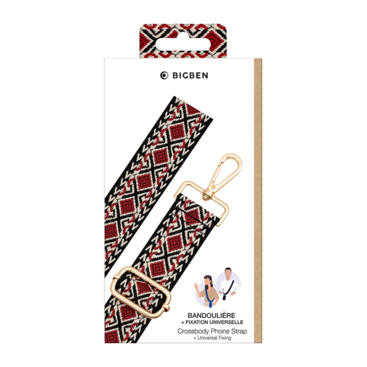 Crossbody-Handyriemen mit rot-schwarzem Muster, goldener Hardware und Box.