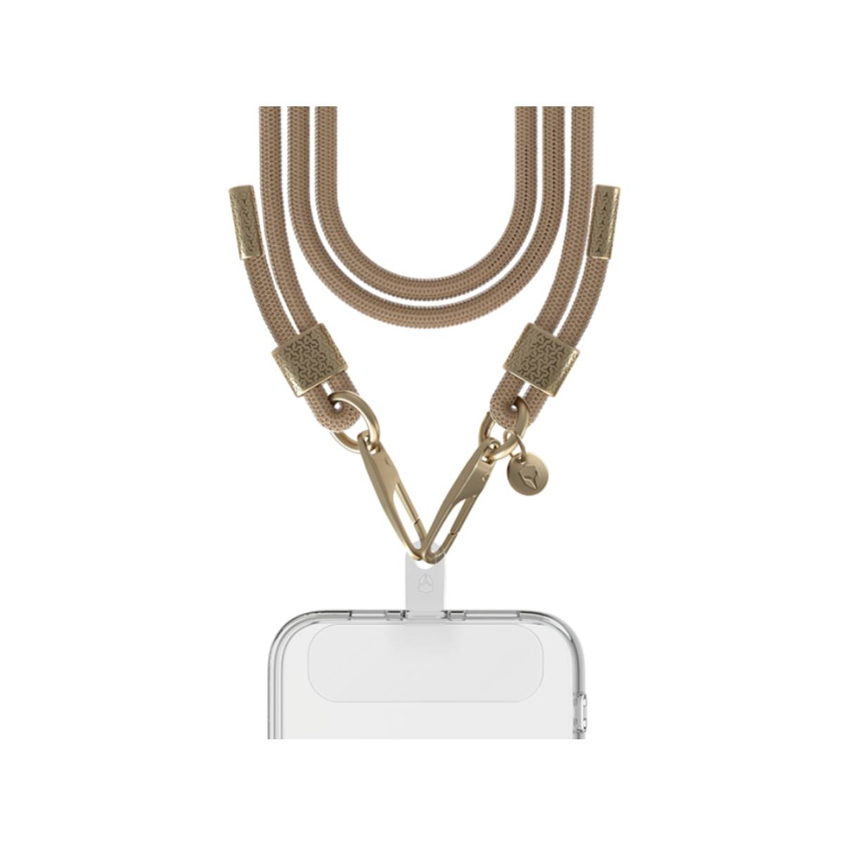 Lanyard beige per telefono con dettagli dorati e custodia trasparente.