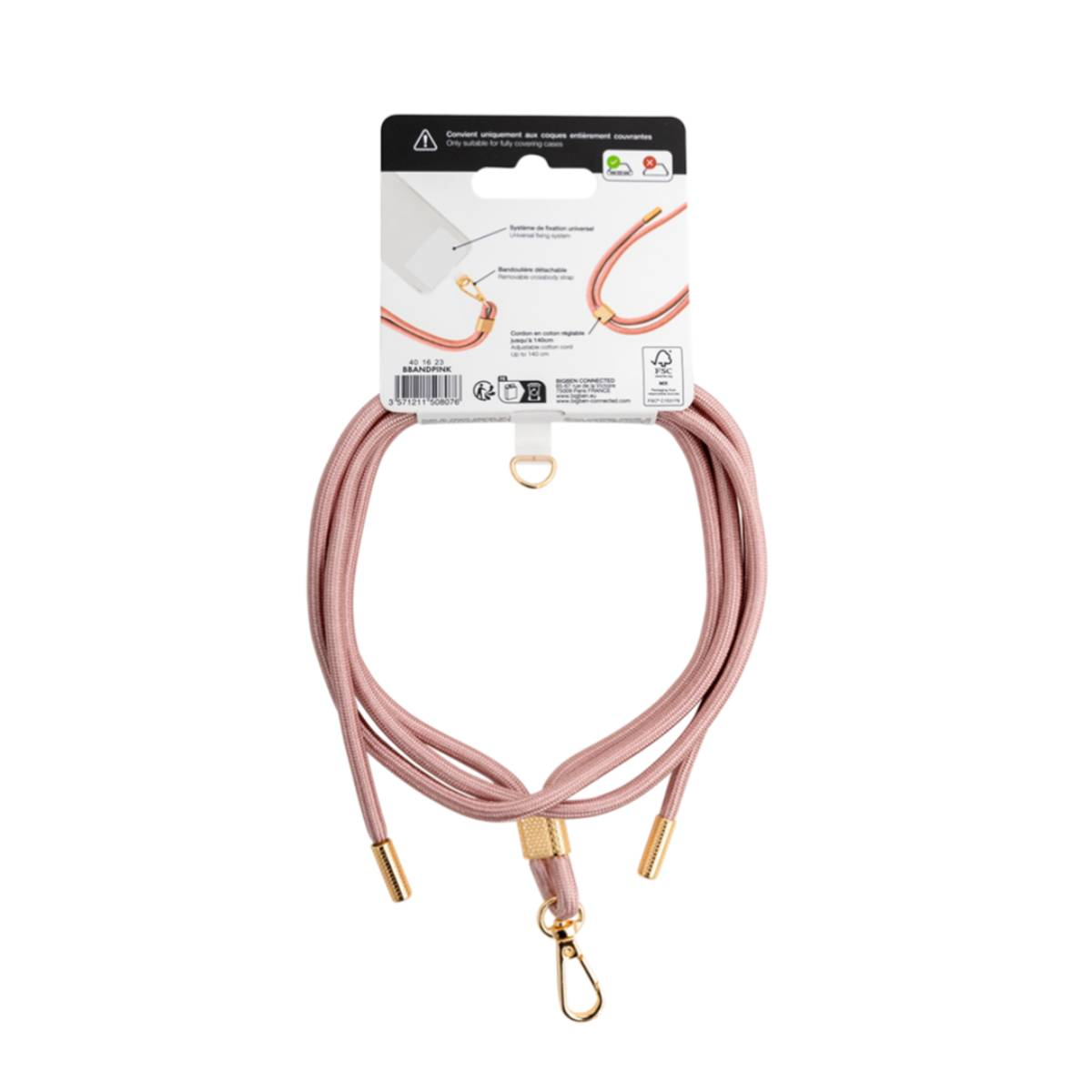 Rosa Handy-Lanyard mit goldenem Verschluss. Das Lanyard ist an einer weißen Karte befestigt.