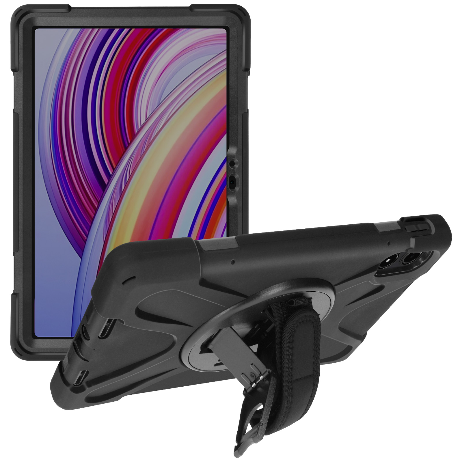 Schwarze Tablet-Hülle mit Tablet, verschiedene Blickwinkel, Handschlaufe und Ständer.