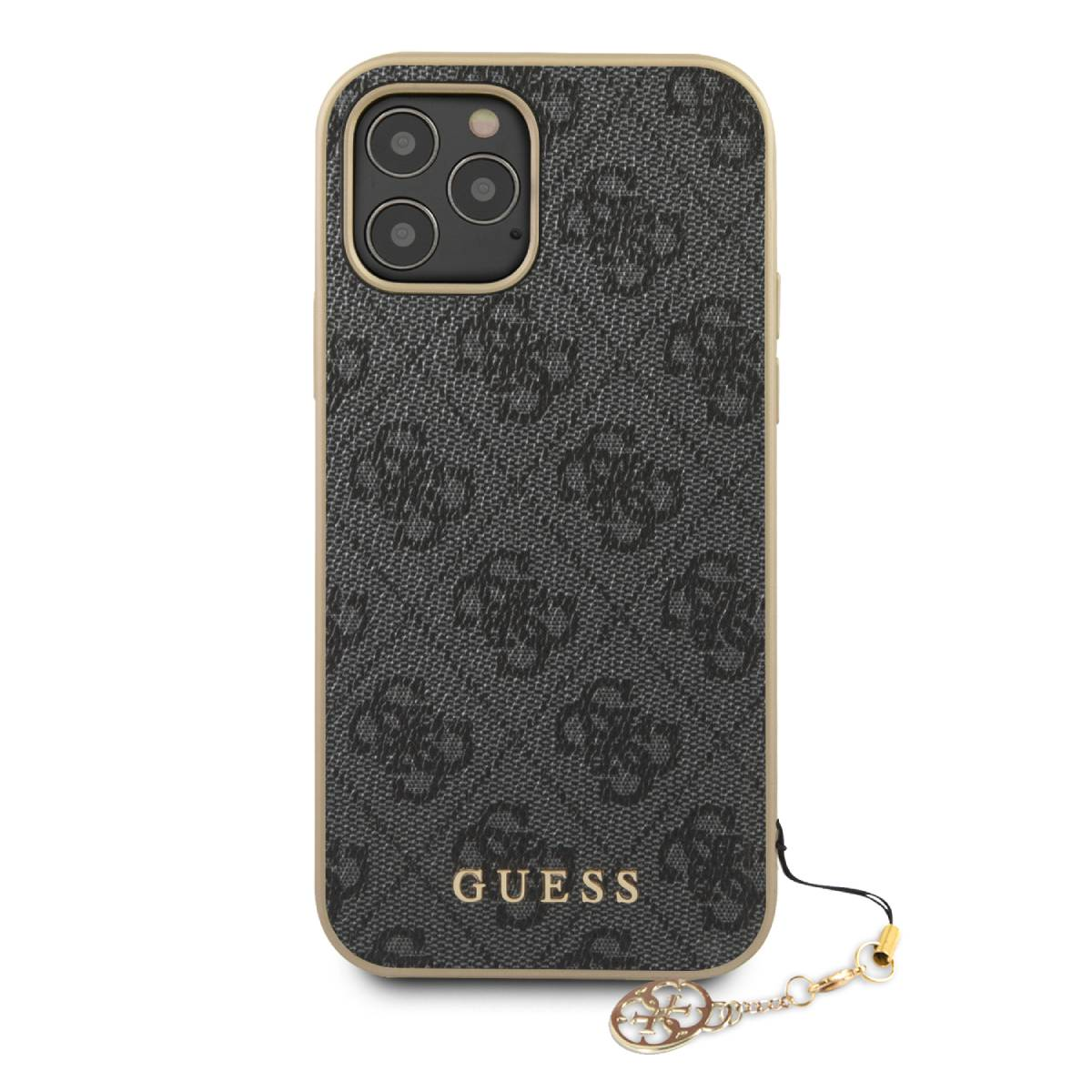 Schwarz-gold gemusterte Handyhülle mit Guess-Logo. Ein Charm mit Guess-Logo hängt.