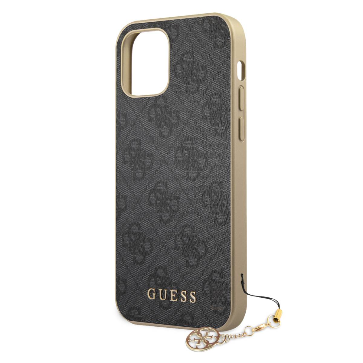 Eine goldfarbene Handyhülle mit schwarzem Guess-Logo und schwarzem Riemen. Die Handyhülle liegt auf weißem Grund.