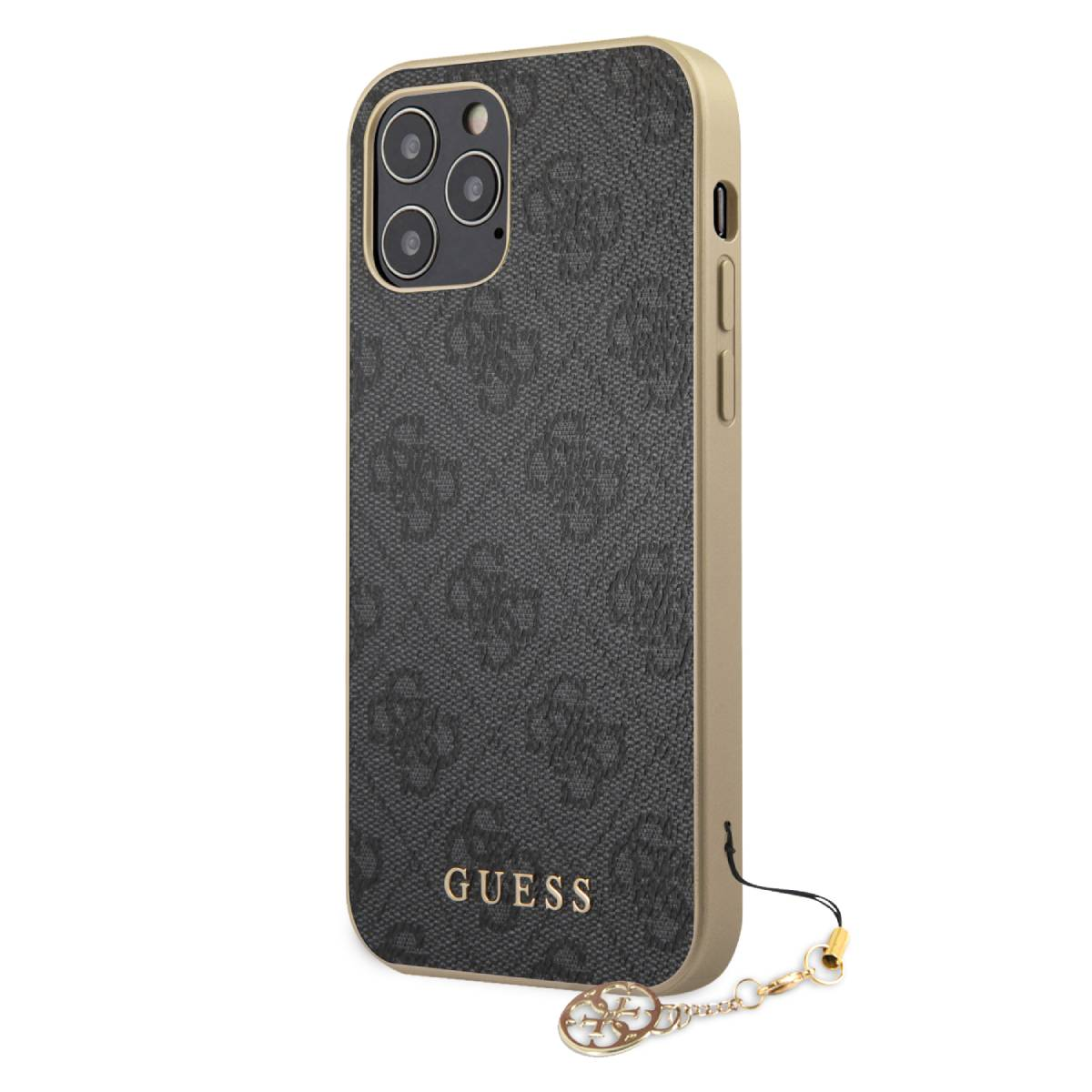 Handyhülle mit Guess-Logo. Die Handyhülle hat einen goldenen Rand und ein schwarzes Muster.
