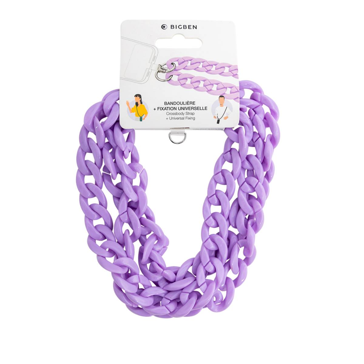 Una catena per telefono in plastica viola. La catena è spessa e intrecciata.