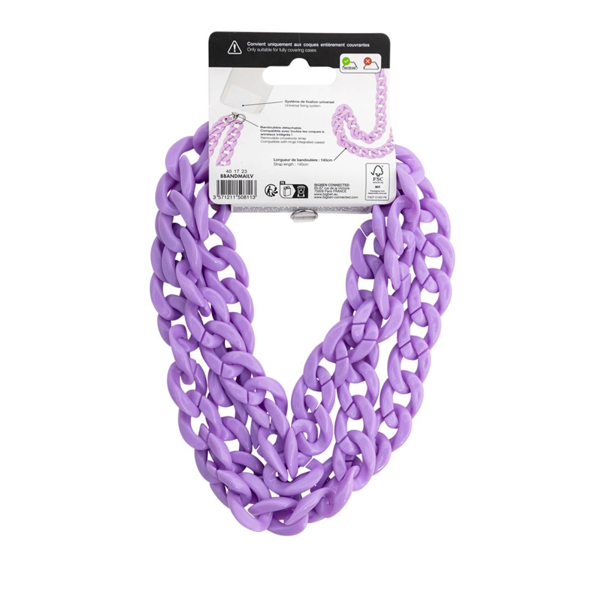 Una collana a catena viola con un'etichetta, appesa su uno sfondo bianco. La collana è viola.