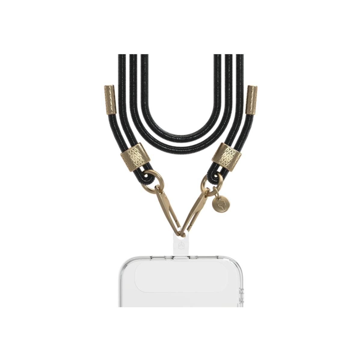 Lanyard per telefono nero e oro con una custodia trasparente. Appeso su sfondo bianco.