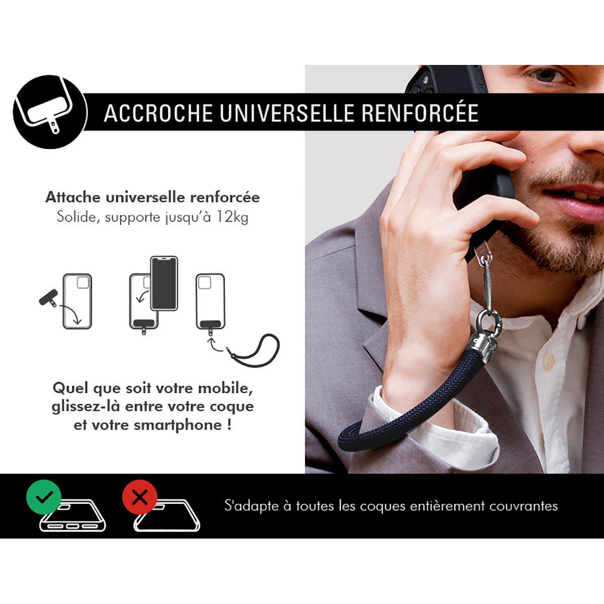 Ein Telefonzubehör, das an jeder Handyhülle befestigt werden kann. Der Hintergrund ist weiß.