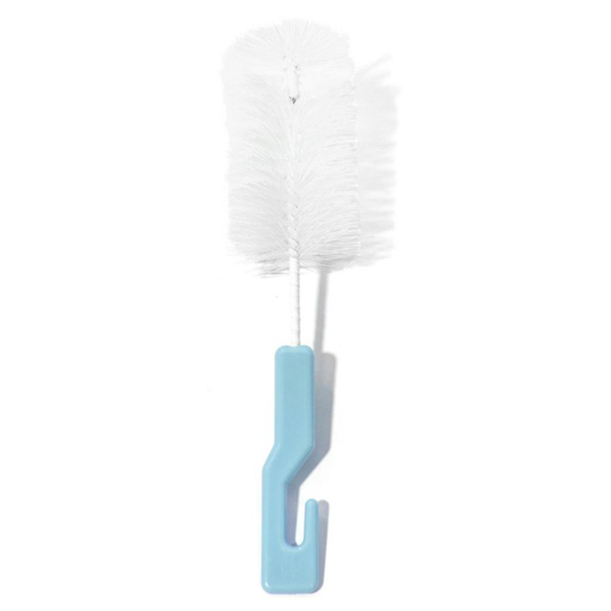 Spazzola per bottiglie con manico blu e setole bianche, pronta all'uso.