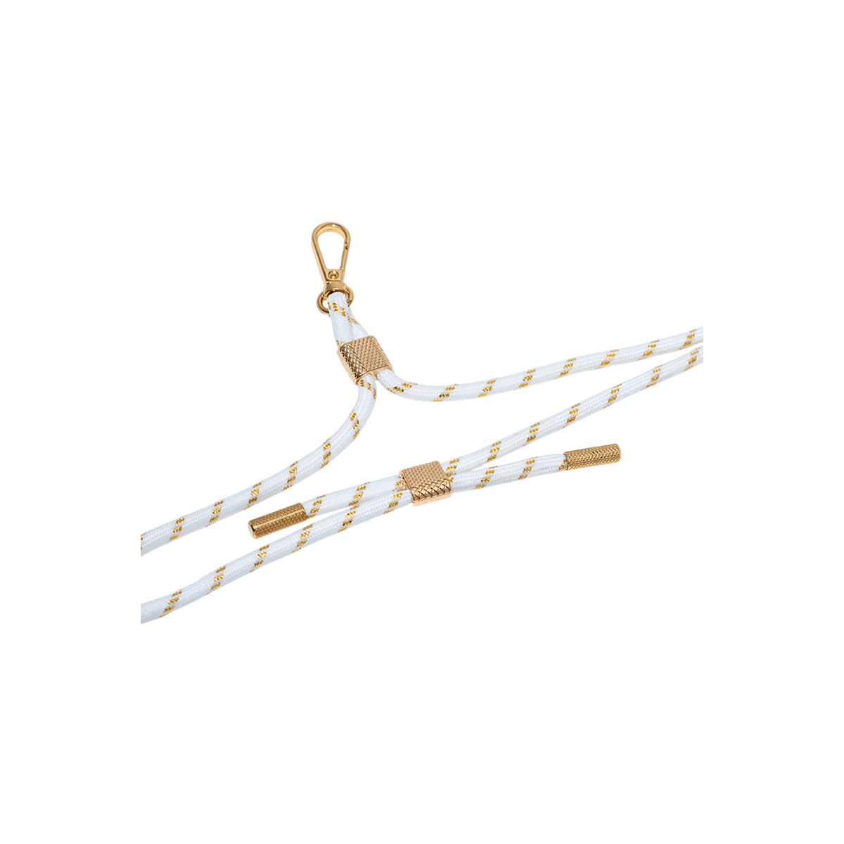 Lanyard bianco e oro con clip. Ha una chiusura dorata e dettagli dorati.