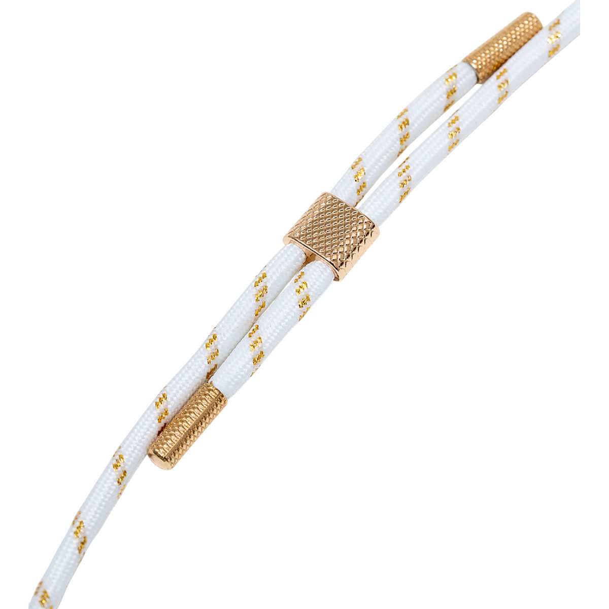 Cavo bianco e oro. Accenti dorati. Due cavi paralleli con un connettore.