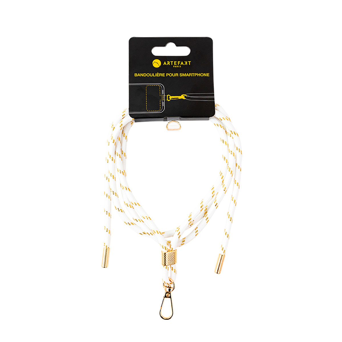 Un cinturino bianco e oro per telefono con etichetta nera. Ha un fermaglio dorato e dettagli dorati.